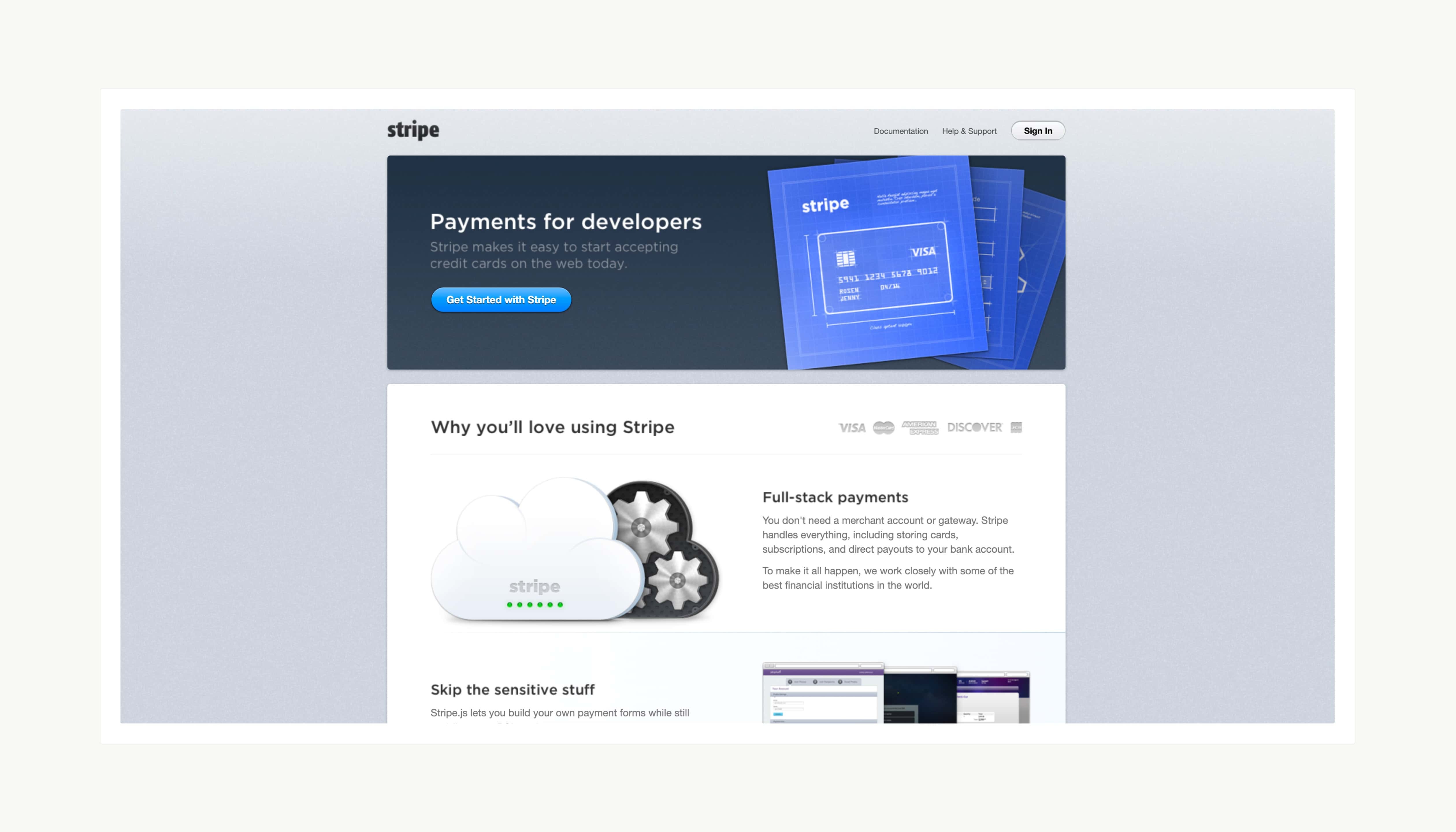 Stripe's homepage, circa 2011.